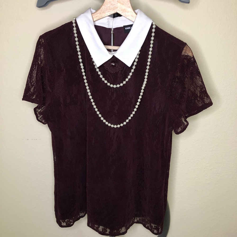 Karl Lagerfeld Burgundy Lace top / pearl necklace